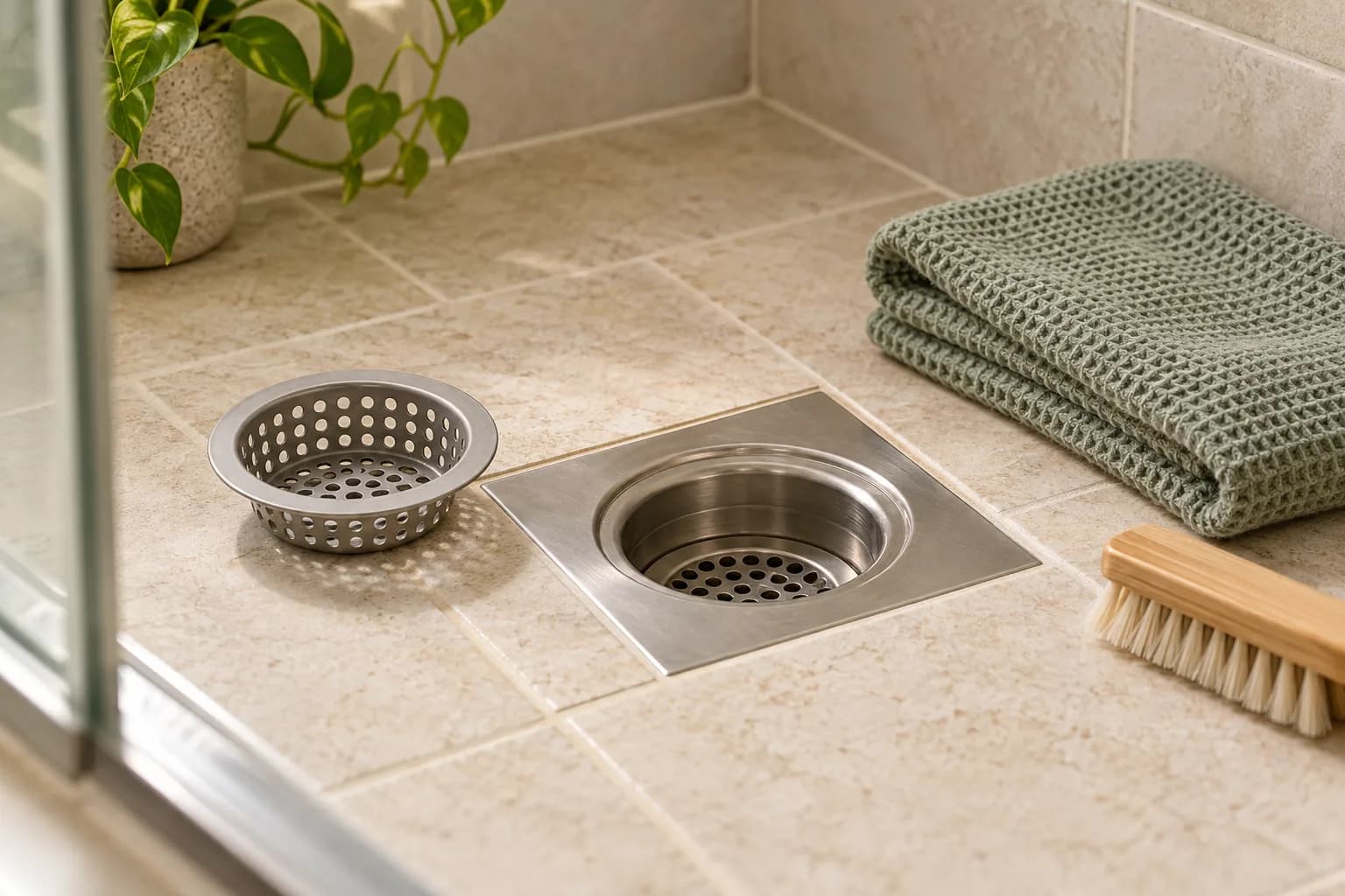 Scène illustrative : Grille de douche et panier récupérateur de résidus
