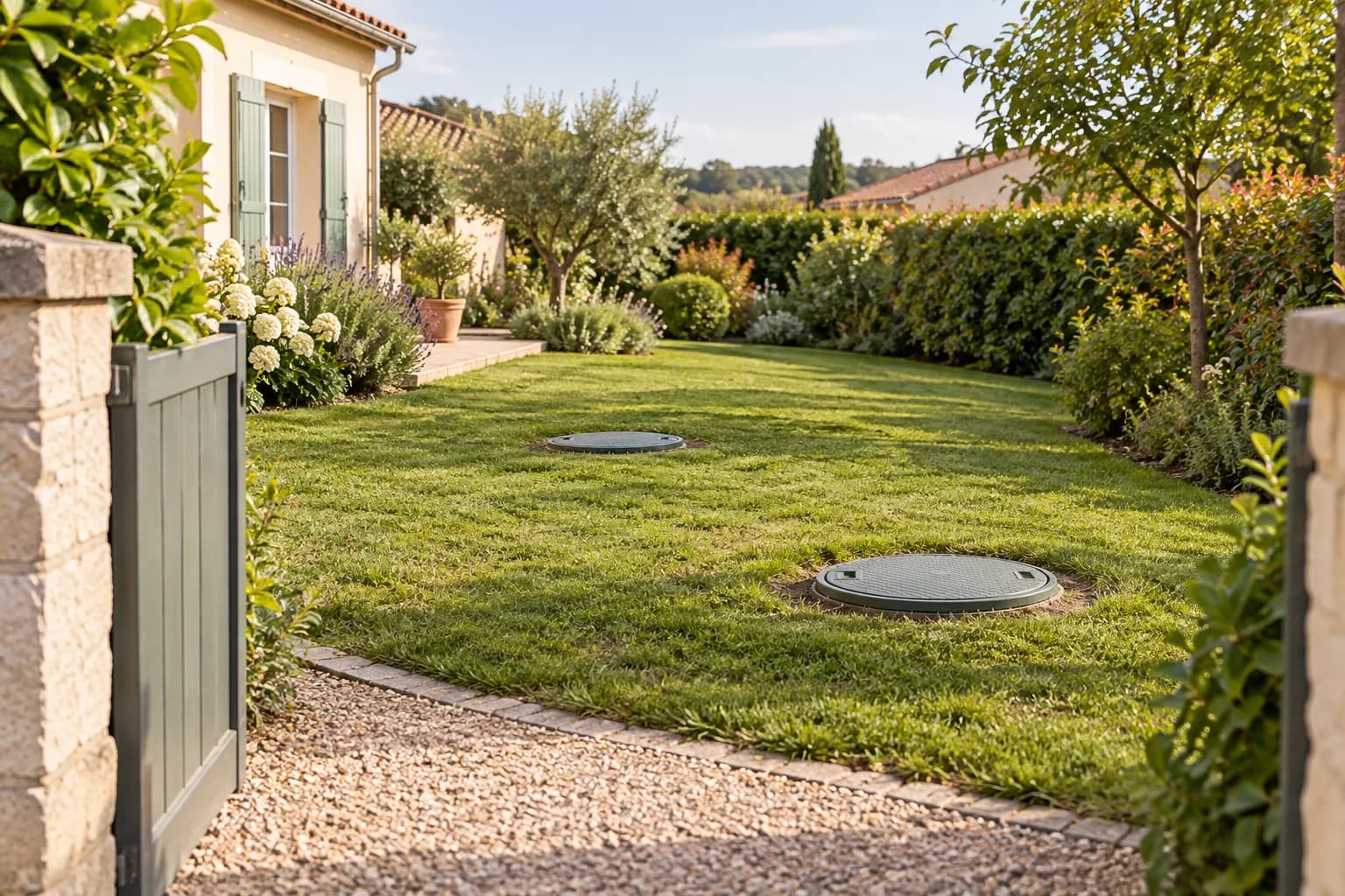 Scène illustrative : Accès fermés d’une fosse dans un jardin avec passage dégagé