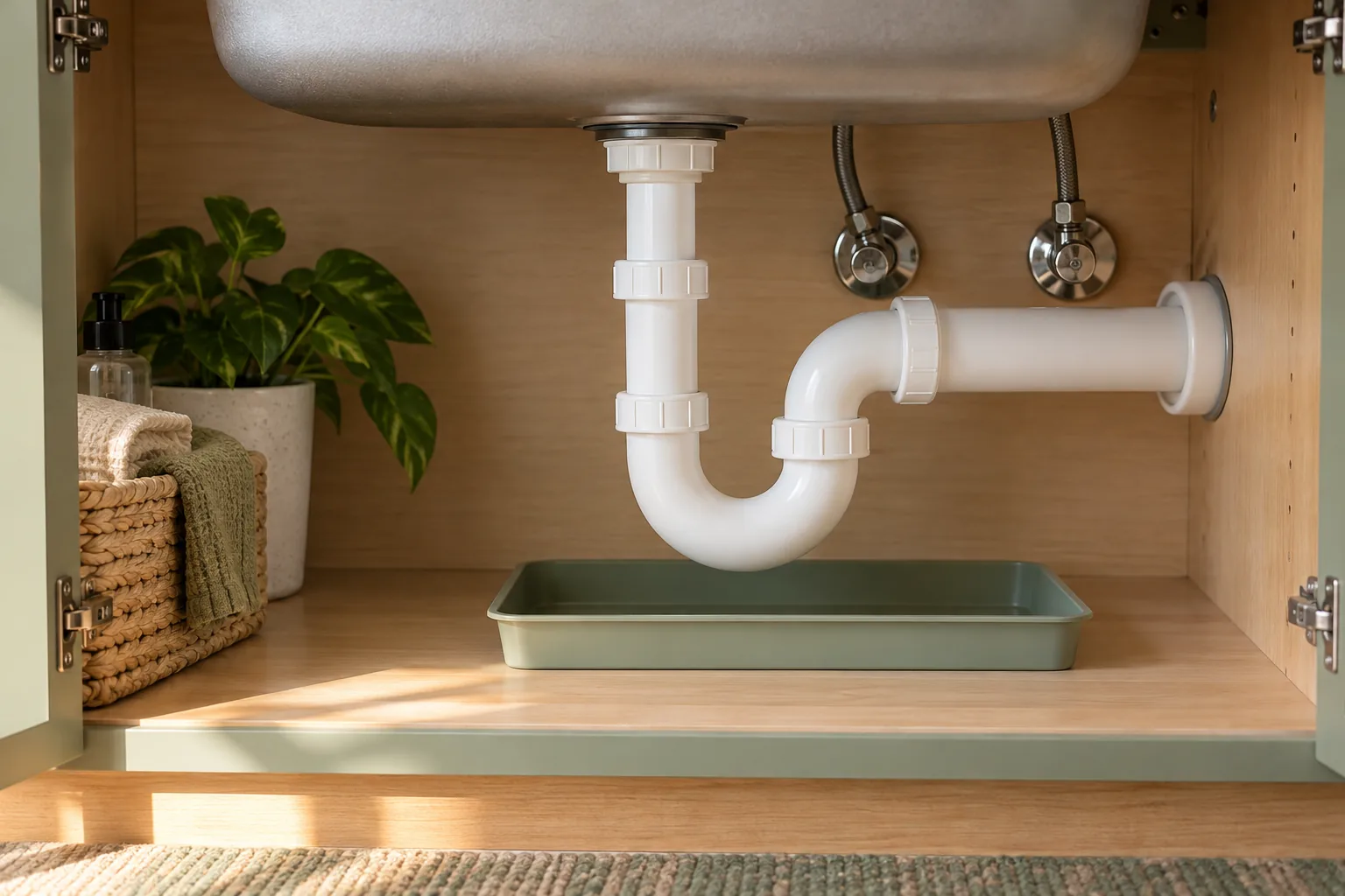 Scène illustrative : Siphon accessible sous un évier, raccords assemblés
